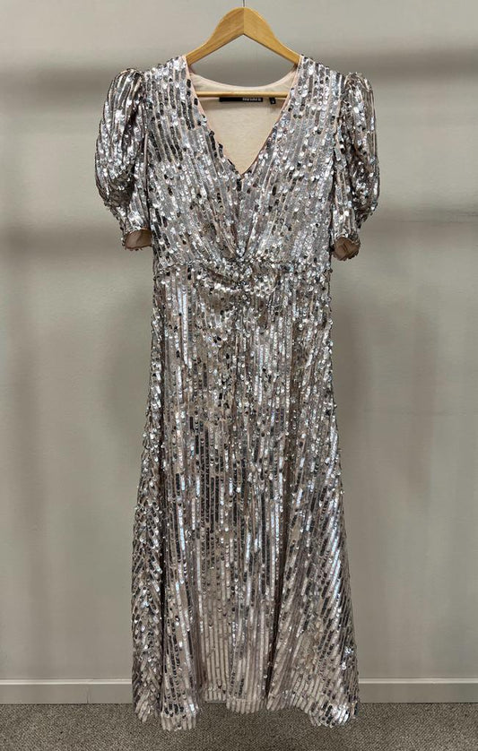 ROTATE SEQUIN MAXI SLIT DRESS SILVER